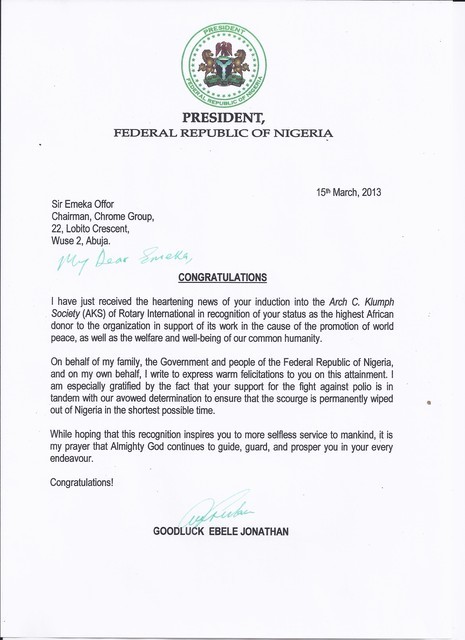 Letter of Congratulations from President Goodluck Jonathan