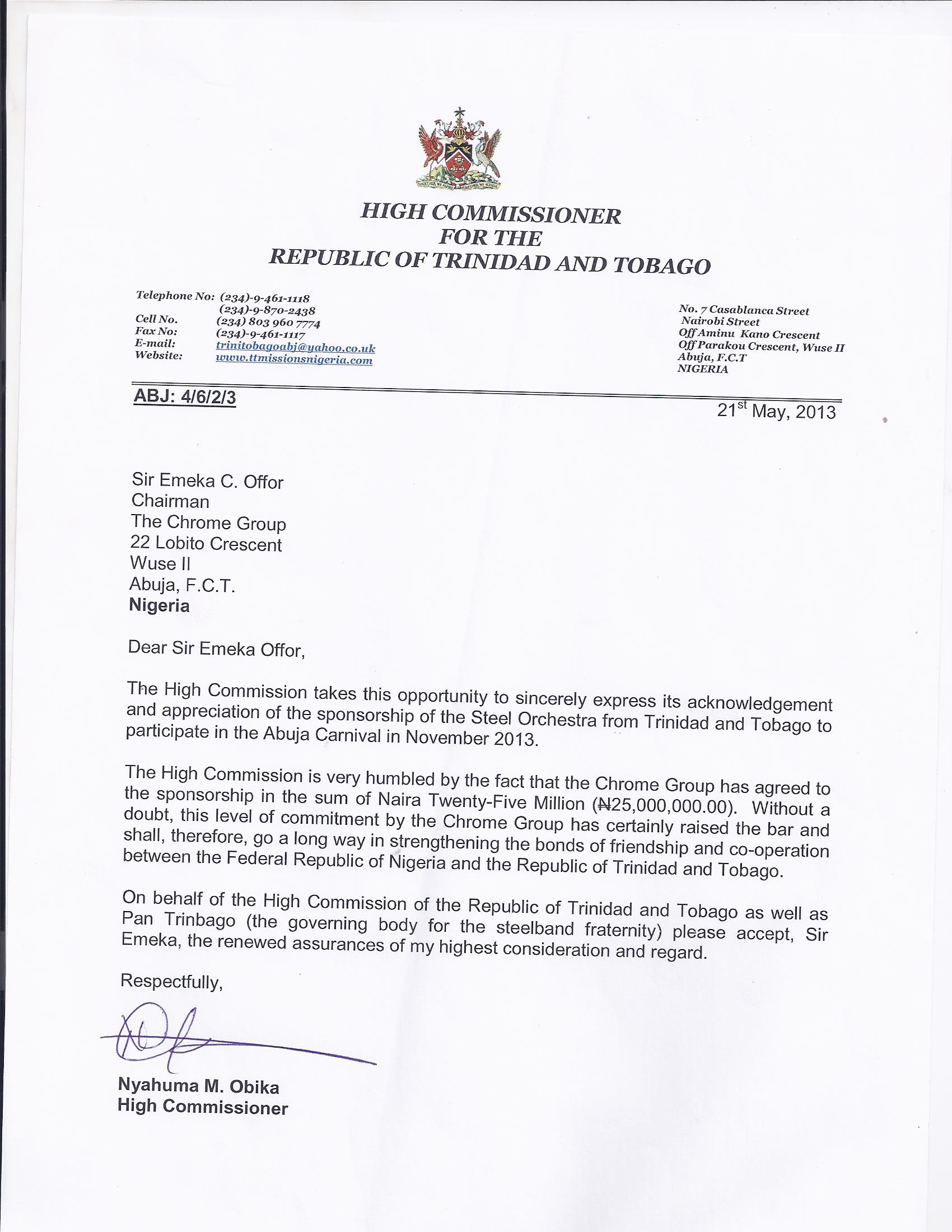 Letter from High Commissioner for the Republic of Trinidad and Tobago