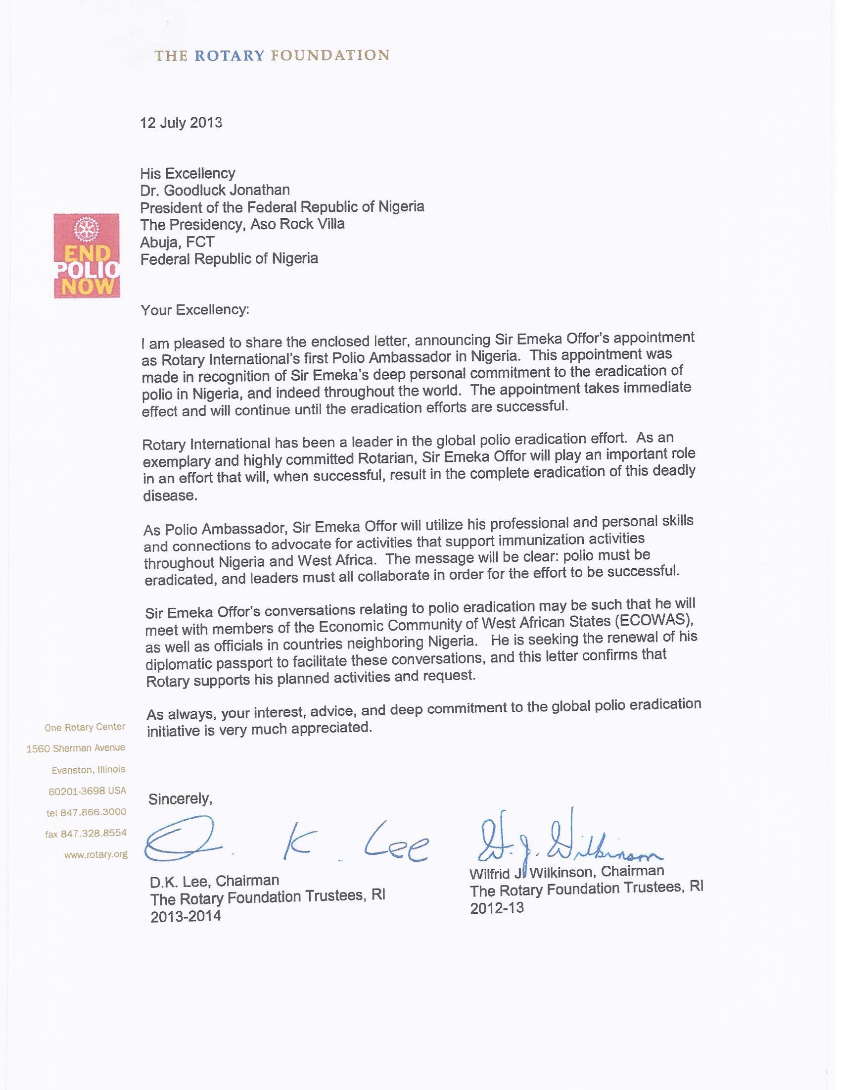 Letter from Rotary International on Polio Eradication
