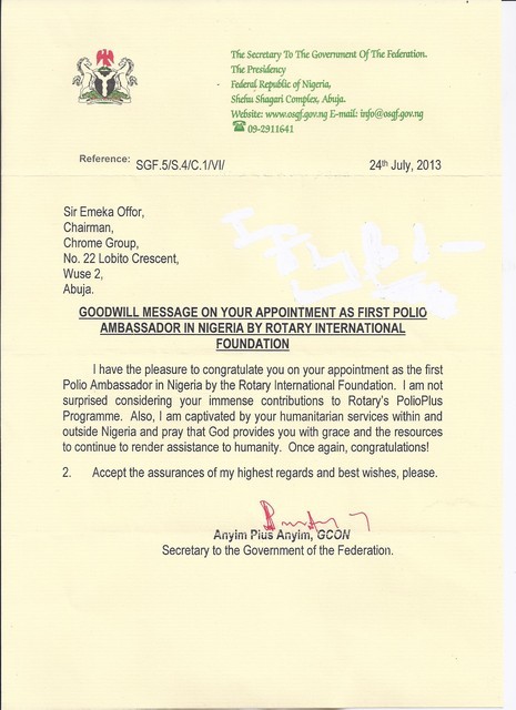 Letter from Secretary to the Government of the Federation