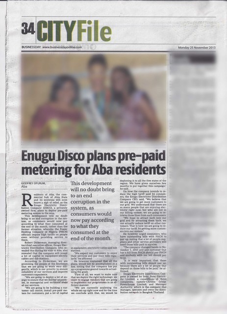 BusinessDay: Enugu Disco plans pre-paid metering for Aba residents