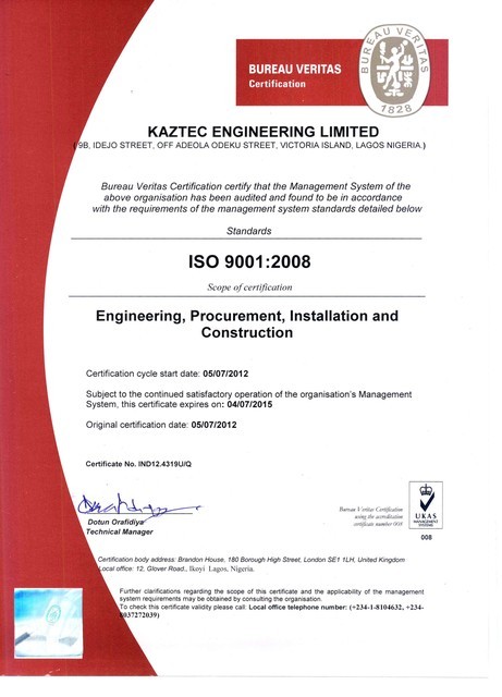 Kaztec Engineering Limited Earns ISO 9001: 2008, leads Nigerian Content Development