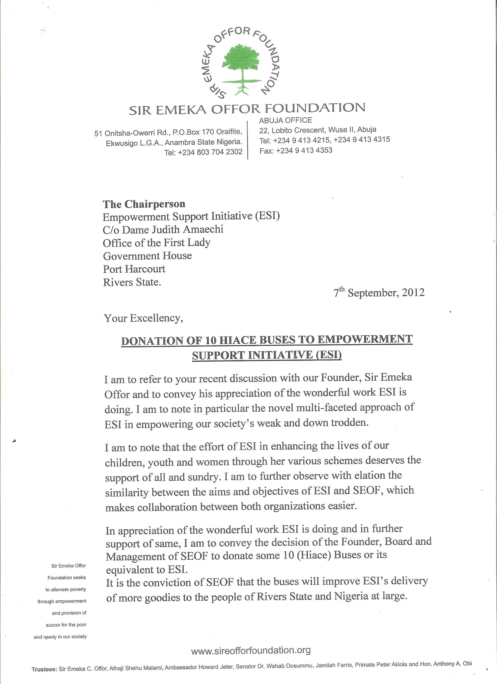Page 1 of Letter to ESI from Sir Emeka Offor Foundation