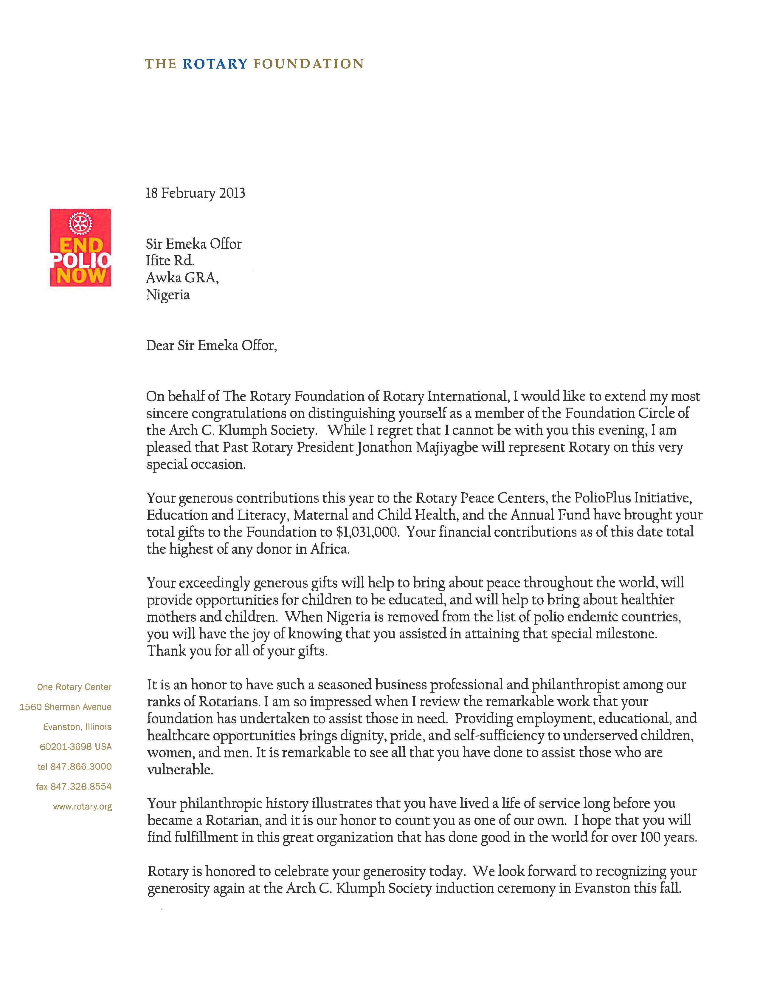 Letter of Thanks from Rotary Chairman