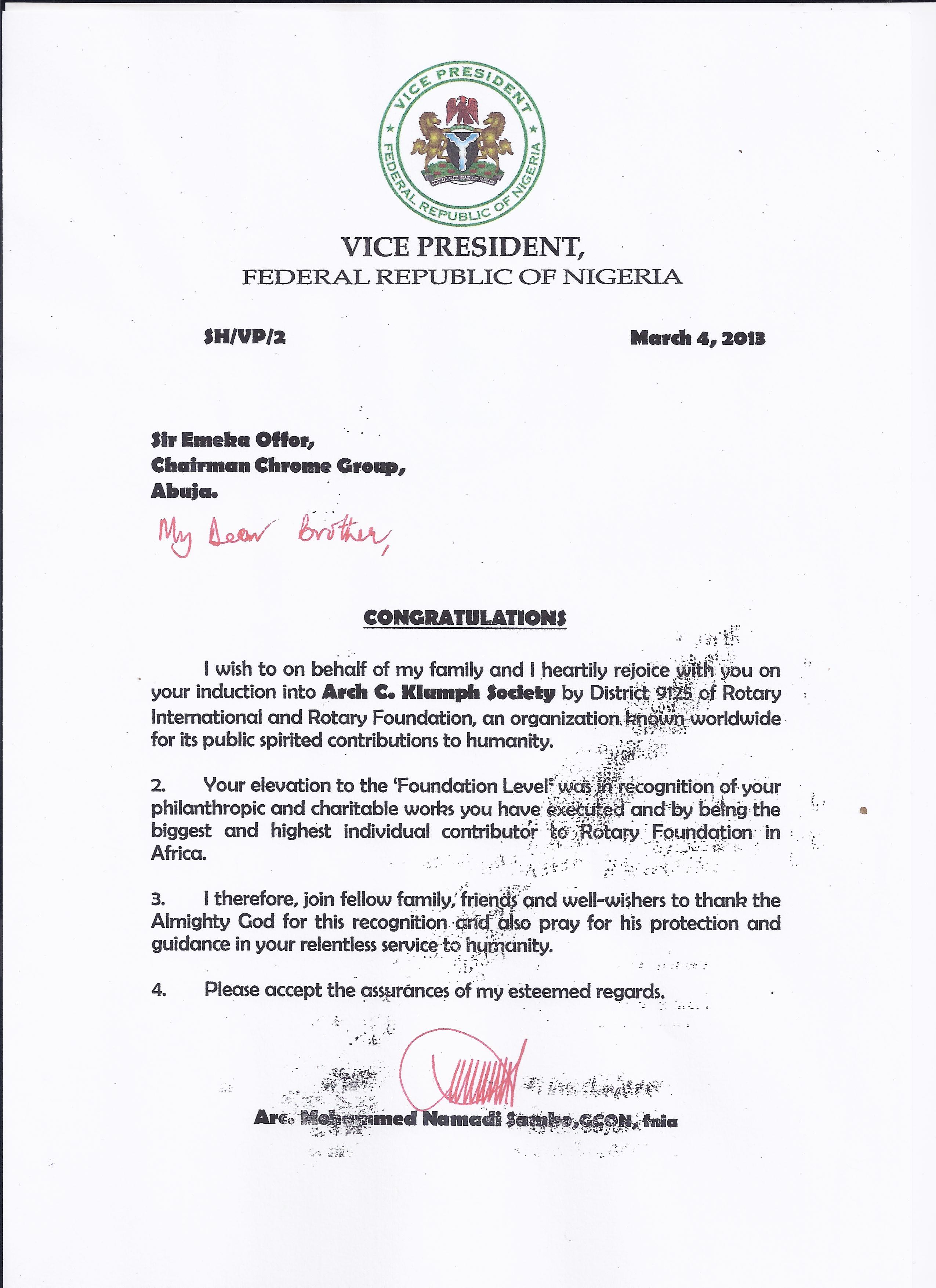Letter from the Vice President of Nigeria