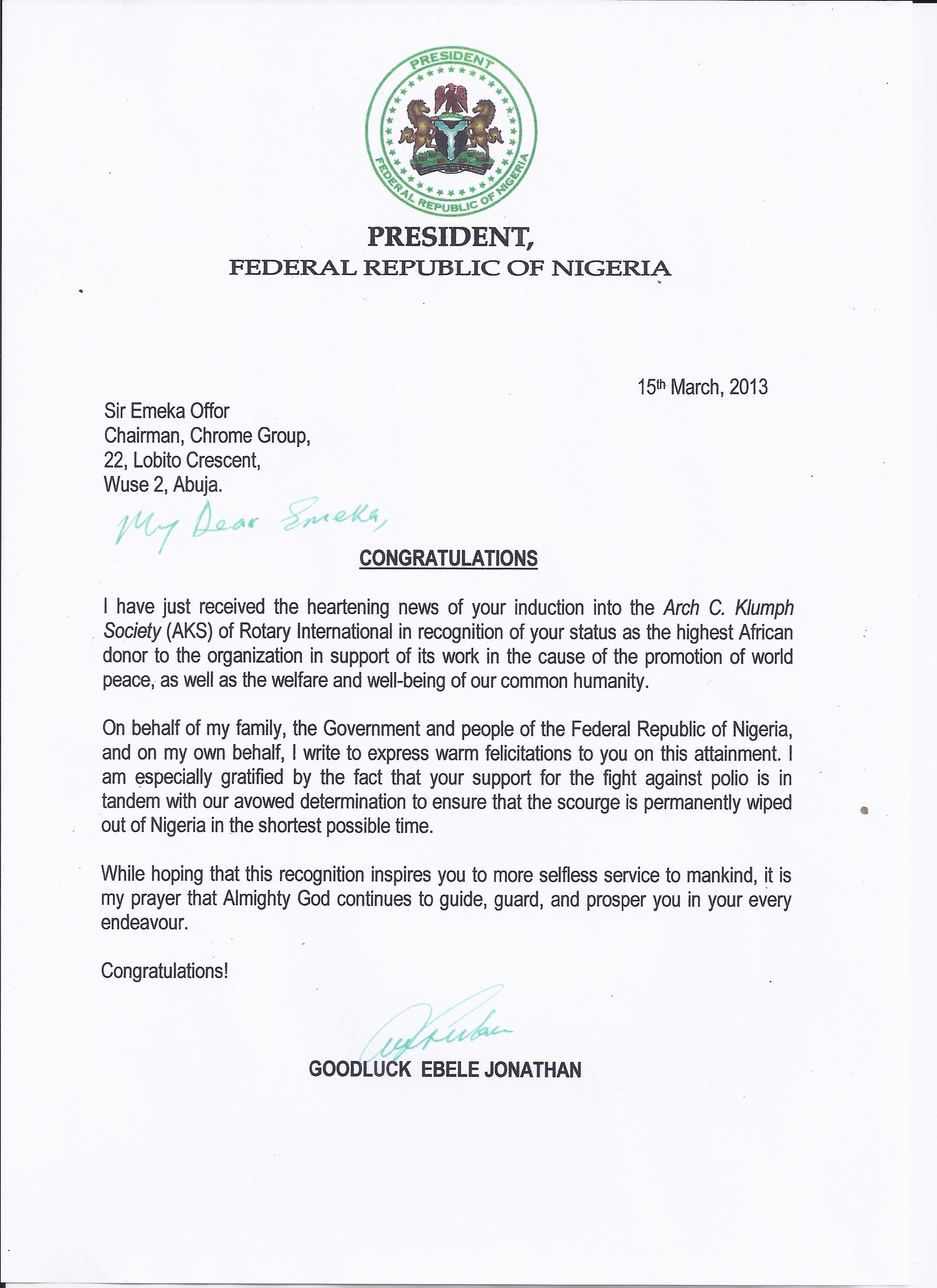 Letter of Congratulations from President Goodluck Jonathan