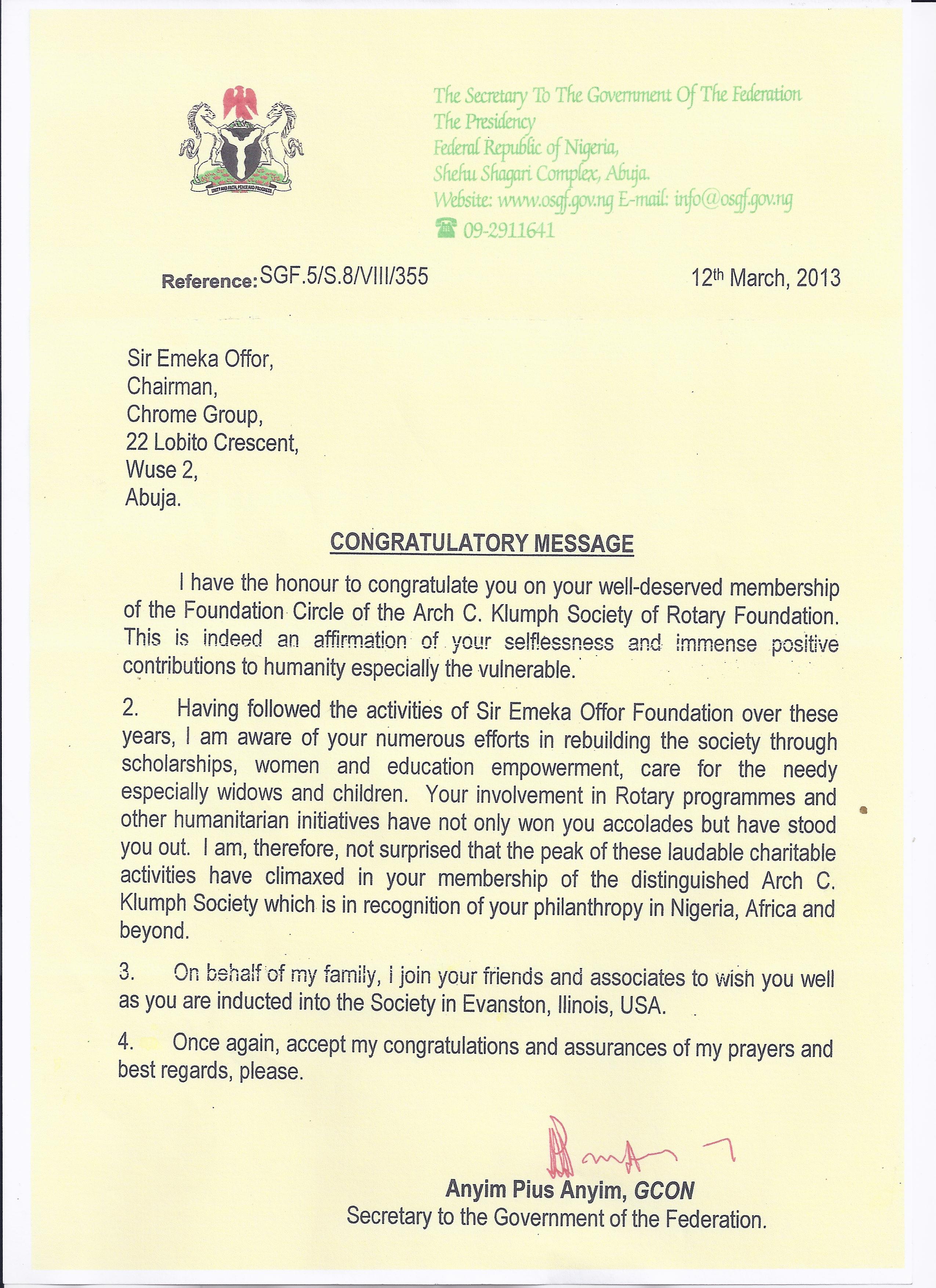Letter of Congratulations from the Secretary to the Government of the Federation