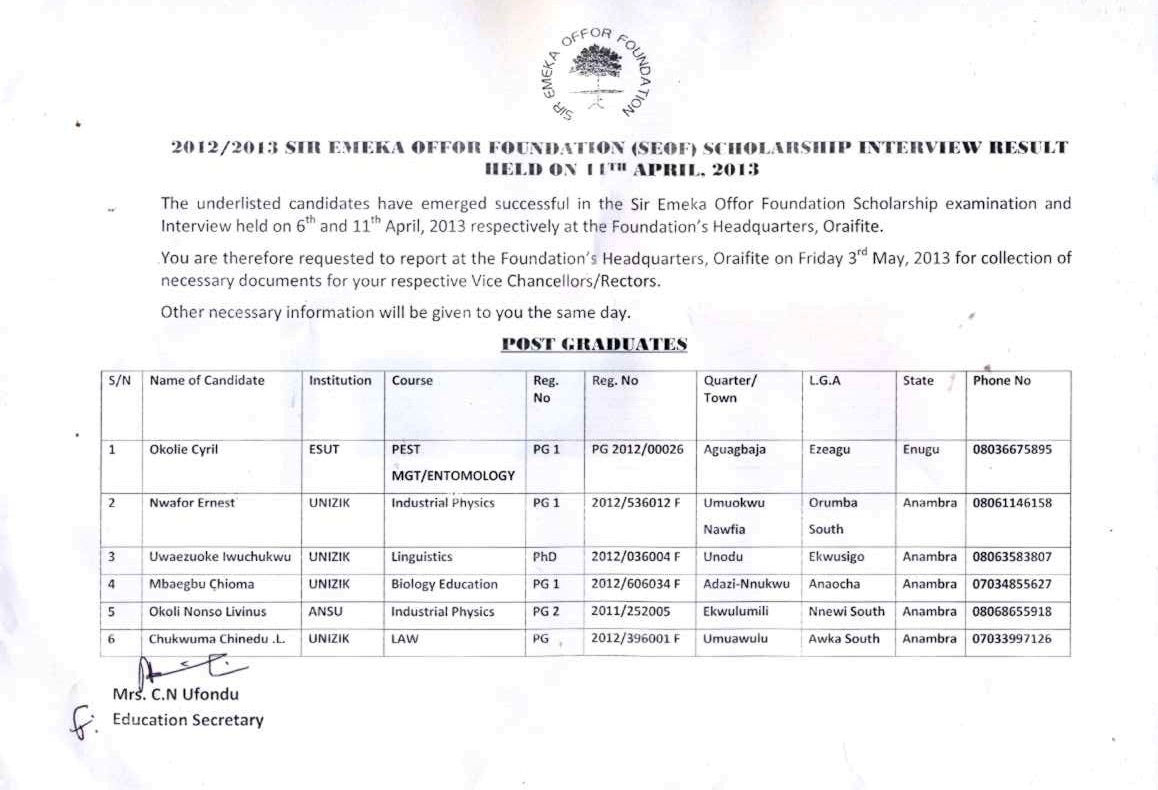 Sir Emeka Offor Foundation Scholarship List