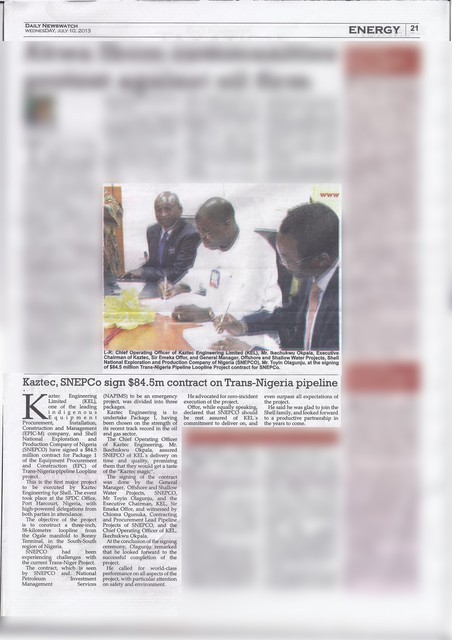 Kaztec, SNEPCO sign $84.5m contract on Trans-Nigeria pipeline