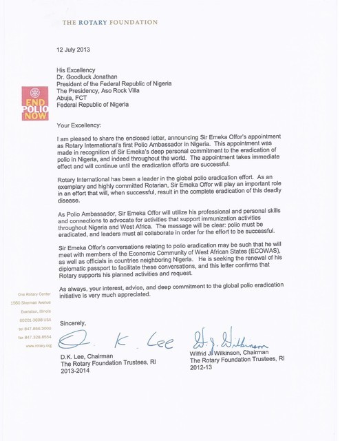 Letter from Rotary International on Polio Eradication